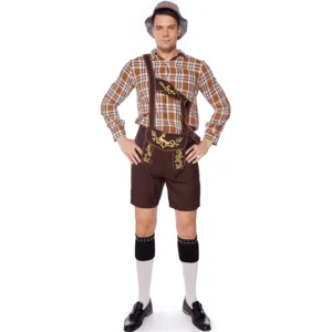 Vista dettagliata del costume tradizionale tedesco della festa della birra da uomo con camicia.