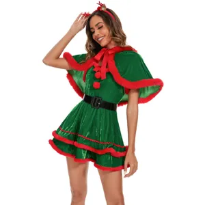 Detailed view of the Christmas elf costume, showing green velvet fabric and red fur.