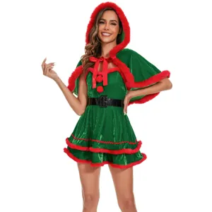 Christmas elf costume women holiday party green dress with red faux fur hooded cape set.