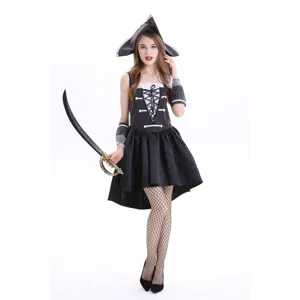 Detailed view of the black pirate costume, featuring stylish lace-up bodice and hat for party.
