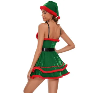 Sexy Christmas elf costume dress with hat, perfect for holiday party cosplay and festive events.