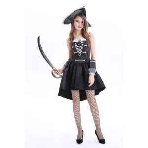 Detailed view of the women's pirate costume featuring a stylish dress, hat and sword.