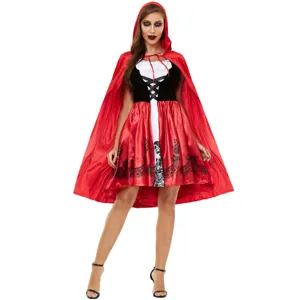 Women Little Red Riding Hood Costume Halloween Cosplay Party Dress With Hooded Cloak Thick Velvet Gothic Stage Uniform Outfits