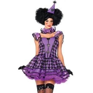 Vista di dettaglio del costume da giullare viola e nero per cosplay di Halloween.