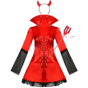 Costume da Diavolo Vampiro Halloween Donna Abito Rosso Nero con Corna e Tridente