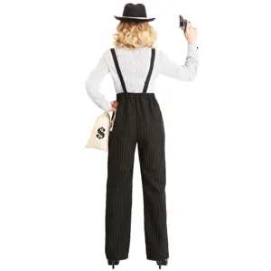 Women's gangster costume detail view showing striped shirt, suspenders and prop money bag.