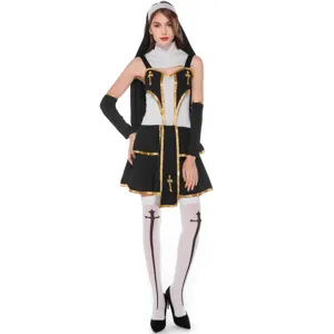 Costume de bonne soeur sexy pour femme, tenue de cosplay Halloween avec robe et bas.