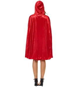 Red velvet hooded cape costume for women, perfect for Halloween cosplay and holiday events.