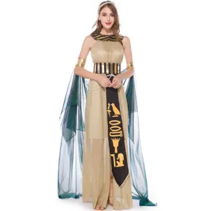 Detail view of Egyptian queen cosplay dress with gold fabric and cape for Halloween.