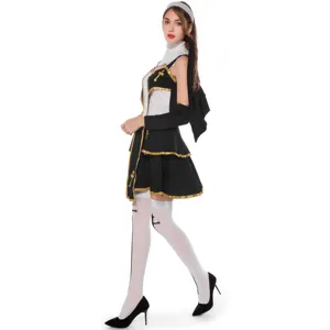 Déguisement de nonne sexy pour femme, robe cosplay noire et blanche avec coiffe et bas de fête.