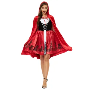 Detailed view of the red hooded cape and black corset dress for Halloween cosplay events.