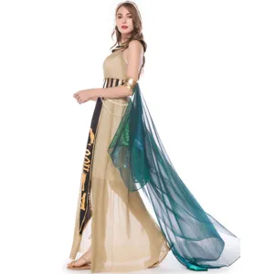 Detailed view of the elegant Egyptian queen cosplay costume with striking green sheer cape.