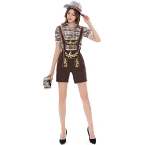 Costume birra tedesca Oktoberfest donna con camicia a quadri e pantaloncini con bretelle.