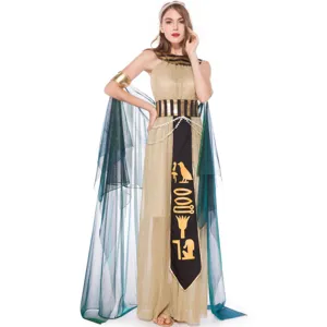 Detailed view of the exquisite Egyptian queen cosplay costume with golden dress and cape.