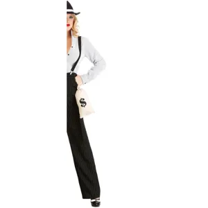 Carnival women gangster costume set striped shirt suspenders hat and money bag prop.