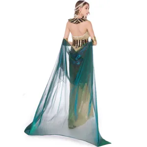Halloween Egyptian queen cosplay costume with long green sheer cape and golden details.