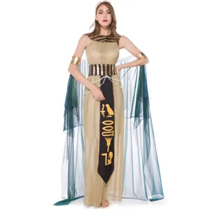 Halloween Egyptian Queen Cleopatra cosplay costume dress with sheer cape and accessories.
