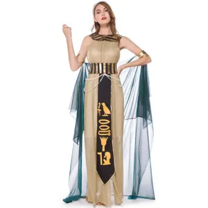 Details of the golden Egyptian Cleopatra costume, sheer green sleeves, and printed hieroglyphics.