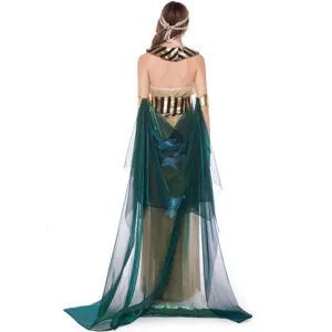 Detailed view of the Egyptian queen cosplay costume with green sheer cape and gold details.