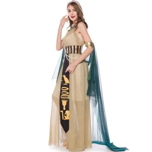 Detailed view of the Egyptian queen cosplay costume, featuring gold dress and accessories.