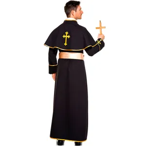 Costume de cosplay de prêtre pour hommes robe noire avec bordure dorée pour fête d'Halloween détail