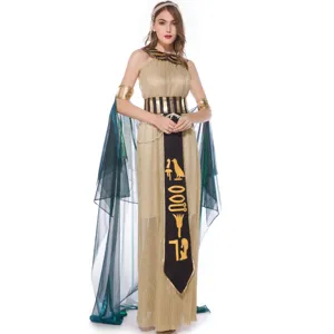 Egyptian Queen costume set with gold dress and green sheer sleeves for cosplay events.