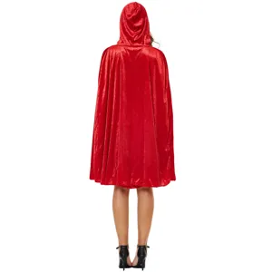 Plus size red hooded velvet cape costume for women, perfect for Halloween cosplay and dress up.