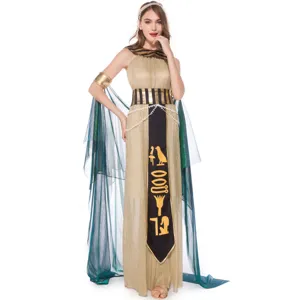 Egyptian queen cosplay costume with gold dress and sheer cape for Halloween parties.
