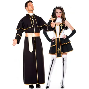 Ensemble de Costume Cosplay Prêtre Nonne pour Hommes Femmes Fête d'Halloween Tenue de Soirée Robe Longue Foulard Avec Accessoire de Croix