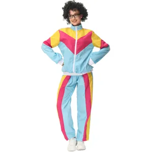 Retro 80s style colorful tracksuit costume for music festival and disco party wear.