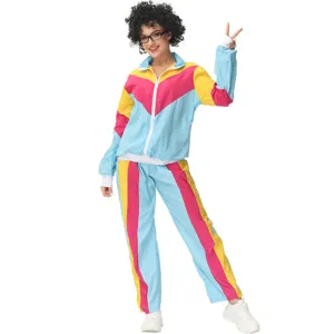 Retro 80s tracksuit detail shot, showing vintage color block design, perfect for disco party.