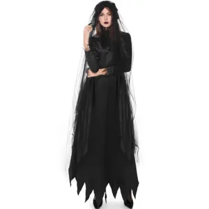 Women Halloween Vampire Bride Cosplay Costume Gothic Black Dress with Veil for Stage Performance