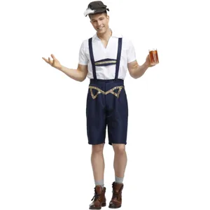 Men German Oktoberfest Costume Bavarian Lederhosen Outfit Set White Shirt Dark Blue Suspenders Shorts With Hat For Halloween Stage Party