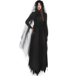 Detailed close-up view of the black gothic veil and long sleeves of the costume.