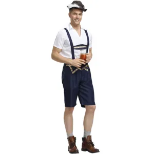Detailed view of the traditional German Oktoberfest costume featuring classic suspender shorts.
