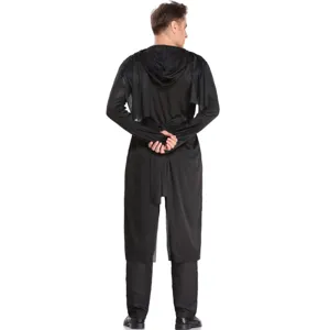 Back detail view of the black hooded cosplay costume, showing the cloak and robe design.