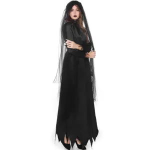 Detailed shot of women's black vampire bride Halloween costume with veil and long dress.