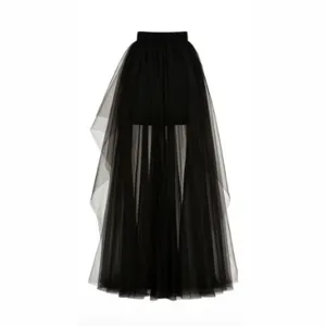 Jupe longue en tulle noir asymétrique jupe tutu en maille pour spectacle et cosplay.