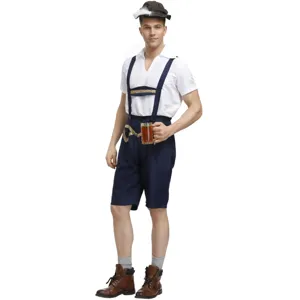 Men Oktoberfest Bavarian costume set including shirt, lederhosen suspenders and hat for party.
