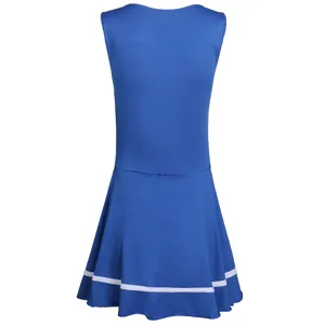 Blue cheerleading dress back view, sleeveless dance costume detail, performance wear skirt.