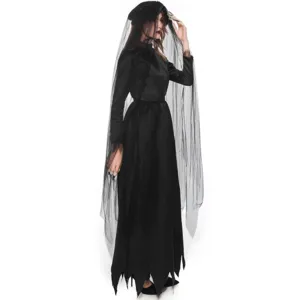 Women Halloween Vampire Bride Costume Black Long Dress with Veil for Party Event Play