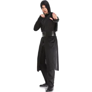 Detailed view of men's black ninja cosplay costume with hood for Halloween performances.