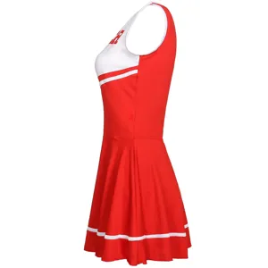 Side view detail of red cheerleader dress showing white trim and chest lettering design