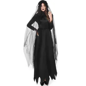 Gothic vampire bride Halloween costume detail showcasing black dress and mesh veil for women.