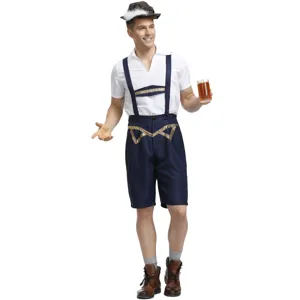 Men German Oktoberfest costume detail view featuring blue shorts with gold sequins and white shirt.