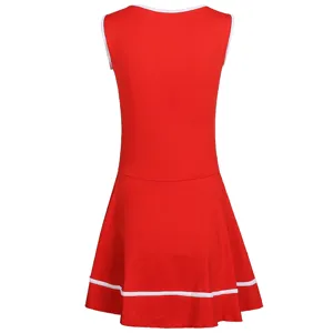 Red sleeveless cheerleading dress detail showing the back view and white trim design.