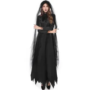 Black Halloween vampire bride costume adult women gothic cosplay long dress with veil