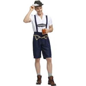 Detailed view of the traditional Bavarian men Oktoberfest costume set with shorts and hat.