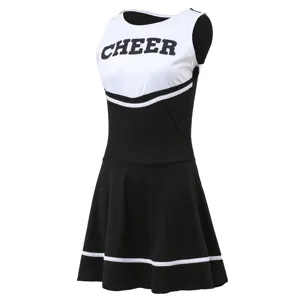 Detailed view of women black white cheerleading dress cheer print sleeveless short skirt