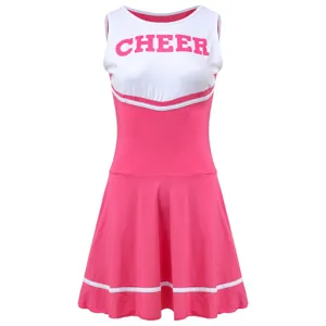 Cheerleader dress detail view, pink and white color block design, sleeveless style.